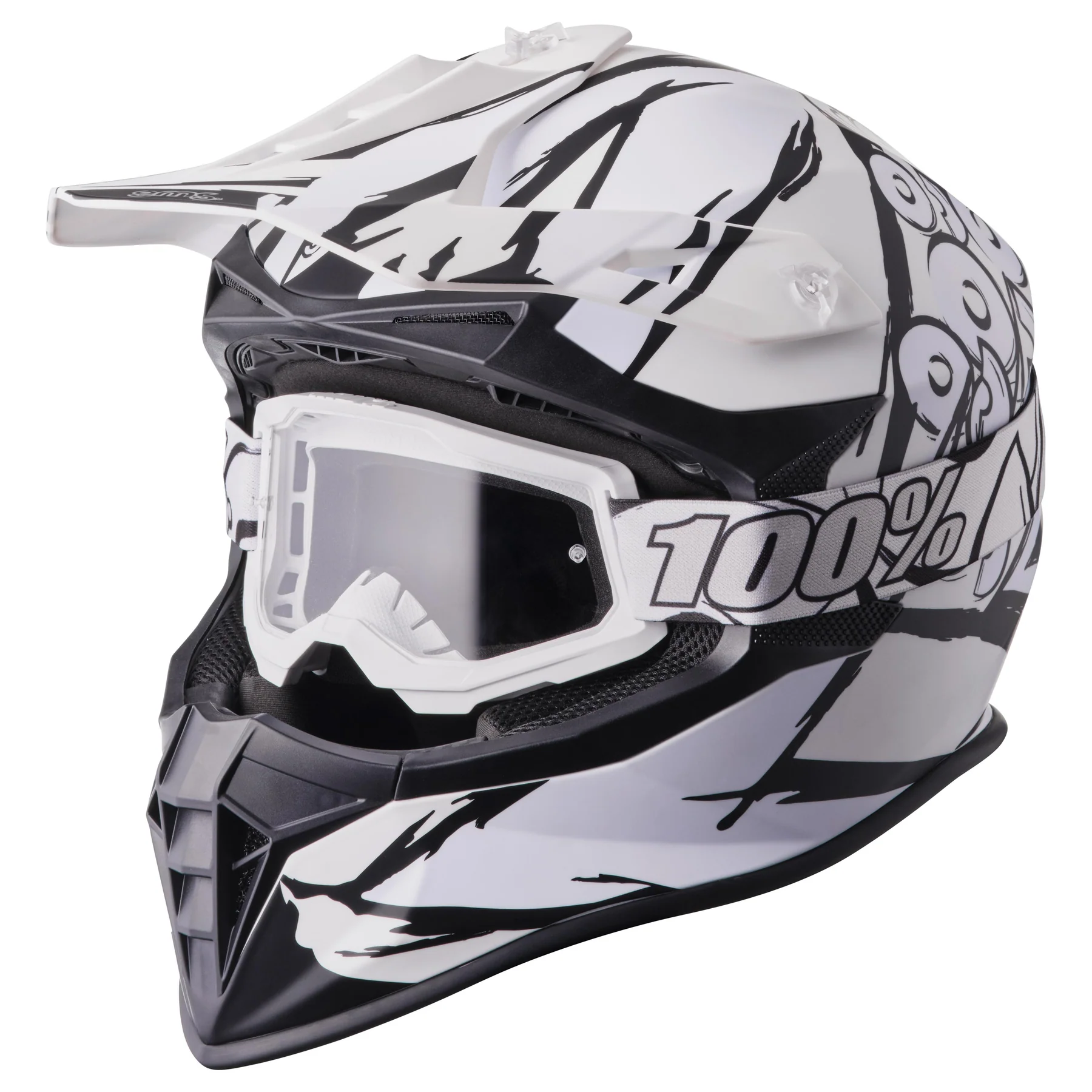 GMS Fortis Graffi Crosshelm mit Crossbrille in Weiss/Schwarz matt mit Graffi-Dekor