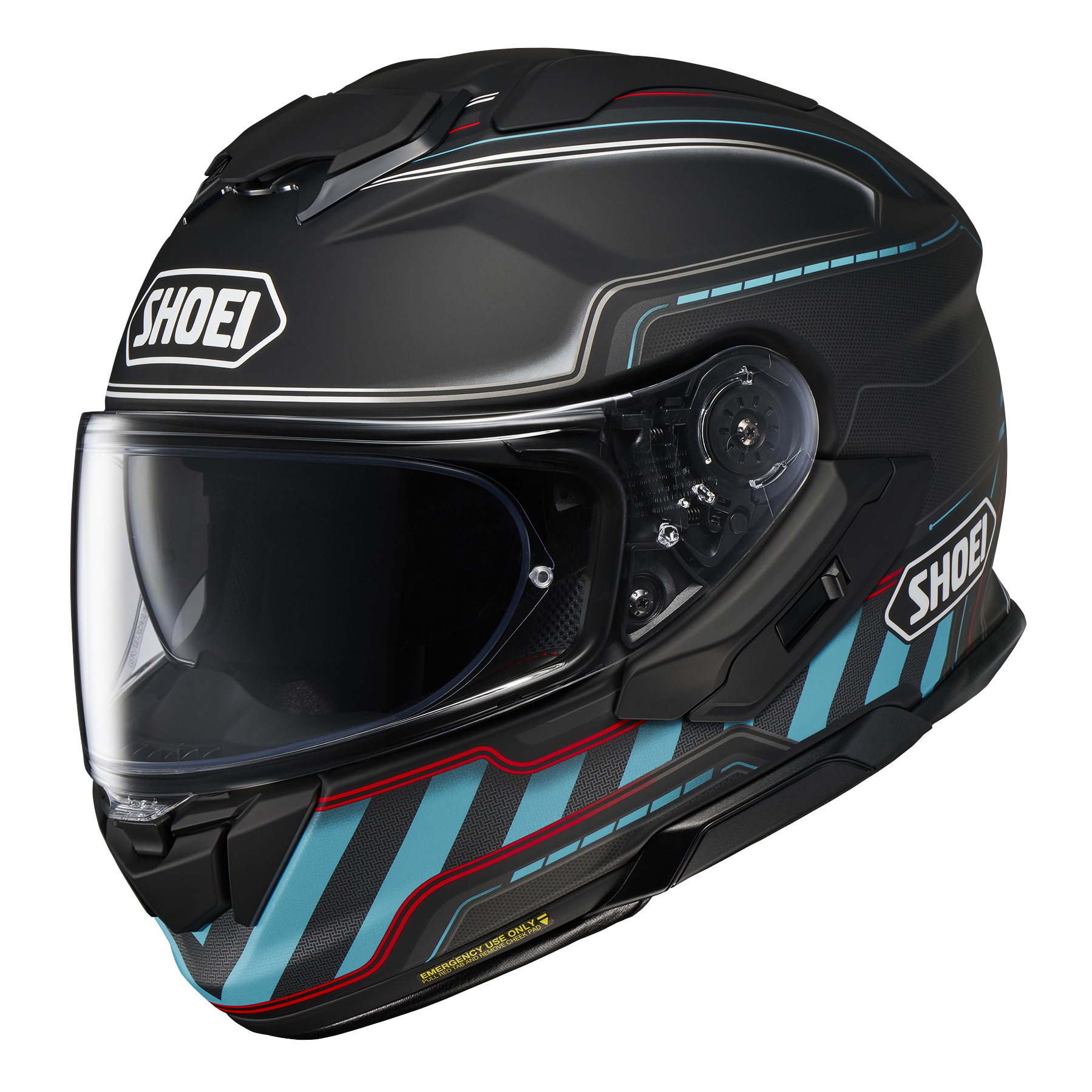 SHOEI GT-Air 3 Discipline TC-2 Integralhelm in Matt-Schwarz/Blau mit roten Akzenten, Seitenansicht
